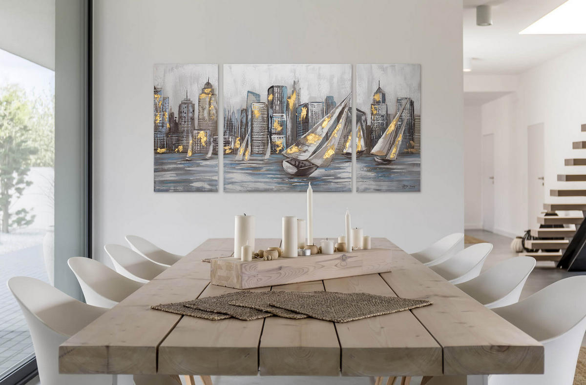 LEINWANDBILD 3-TEILIG Gelb 140/70 cm - Gelb/Grau, Textil (140/70cm) - KUNSTLOFT