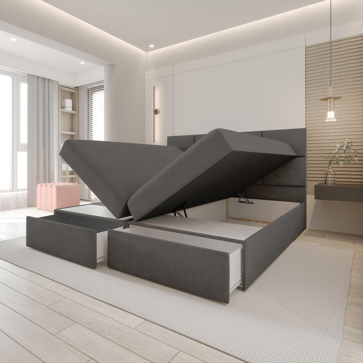 BOXBETT 140x200 cm, GARDA, Bettkasten und Taschenmatratze, Elegant Topper und Schubladen, Dunkelgrau - Dunkelgrau, Holzwerkstoff/Kunststoff (140/200cm) - Trada