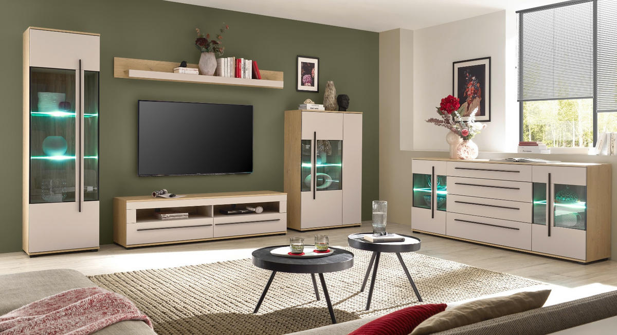 WOHNWAND Kaschmir, Eiche 4-teilig 240 cm, Wohnkombination mit Soft-Close - Kaschmir/Eichefarben, Glas/Holzwerkstoff (240/200/42cm) - Furn.Design