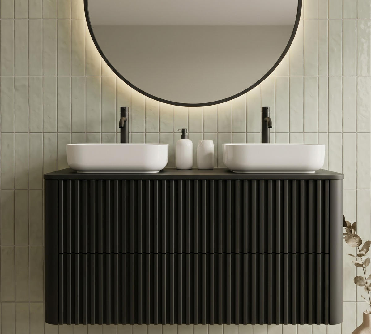 WASCHBECKENUNTERSCHRANK LINEA hängend geriffelt Schwarz matt 100/48/44 cm - Schwarz, Holzwerkstoff (100/48.4/43.7cm) - Rodan