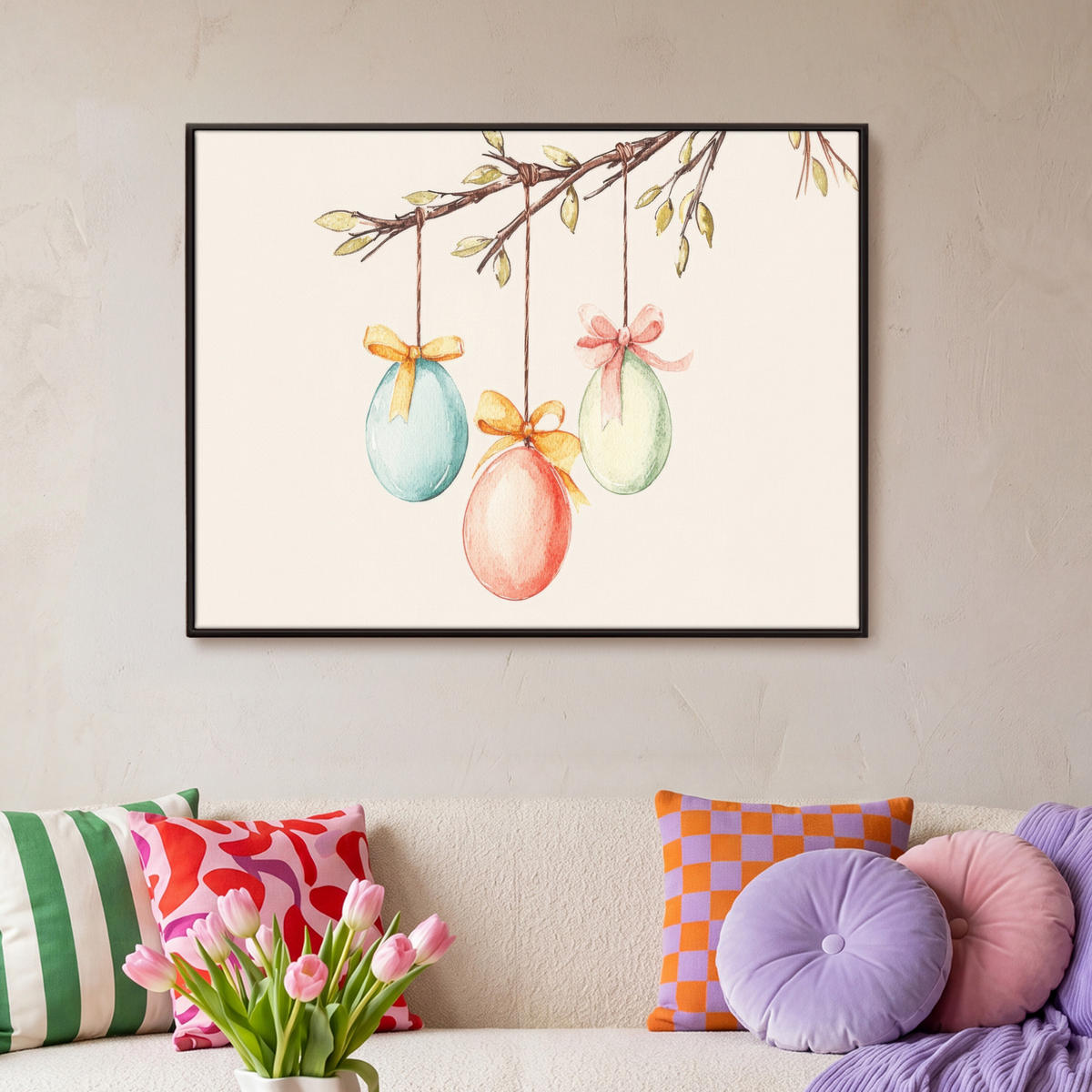 LEINWAND Bilder mit Rahmen - Osterkuchen - Schleife - Eier - 100x70 - Creme, Textil (100/70cm) - MuchoWow