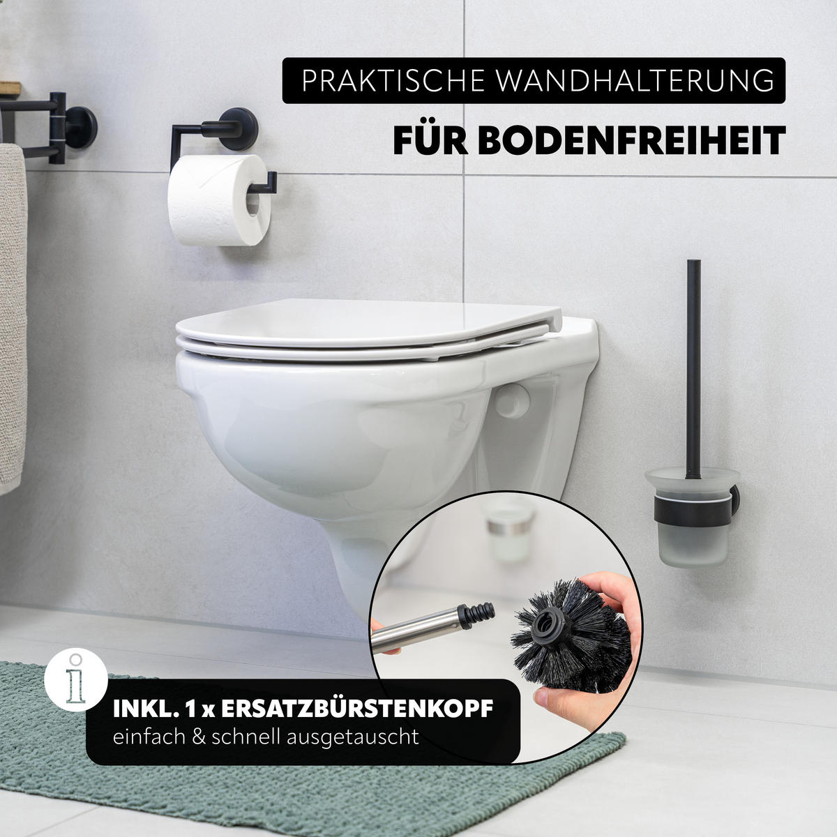WC-GARNITUR PIAZZA BLACK, schwarz, inkl. Klebeset - Schwarz, Metall (11.5/35/14.5cm) - bremermann