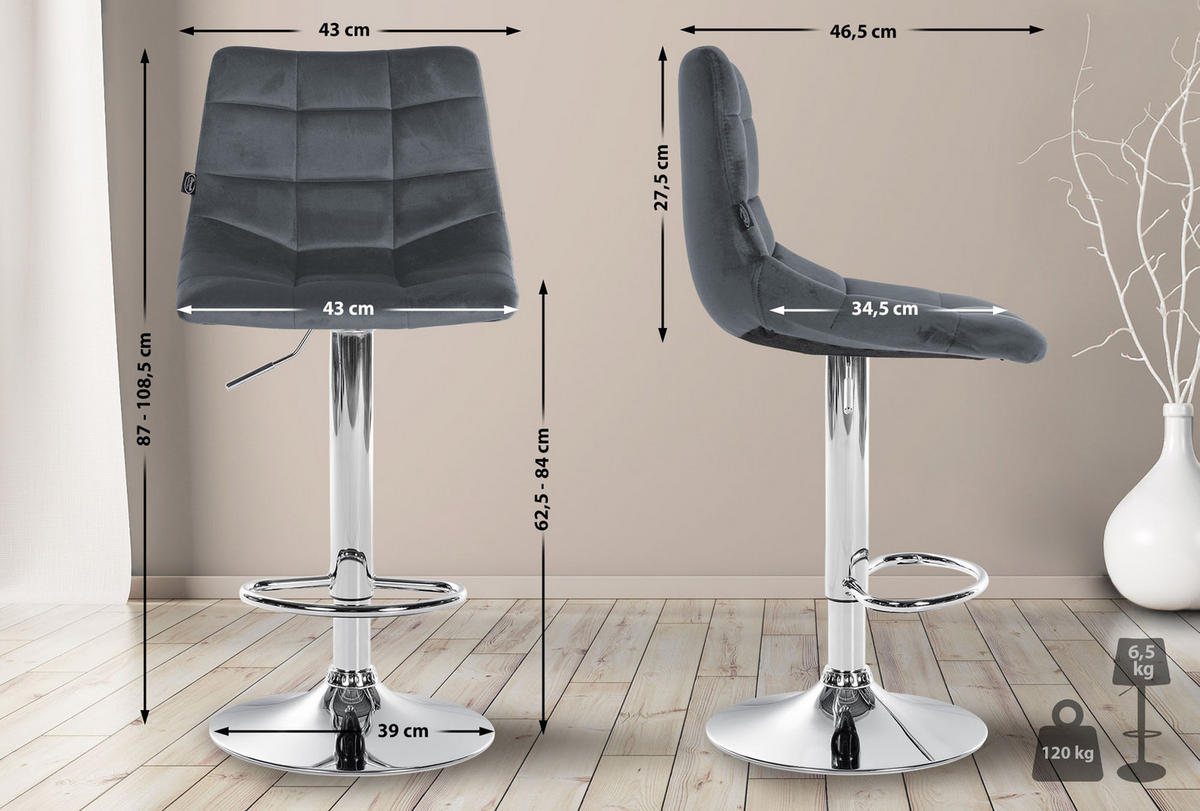 BARHOCKER James Samt chrom dunkelgrau - Chromfarben/Dunkelgrau, Textil/Metall (43/108.5/46.5cm) - TPFLiving