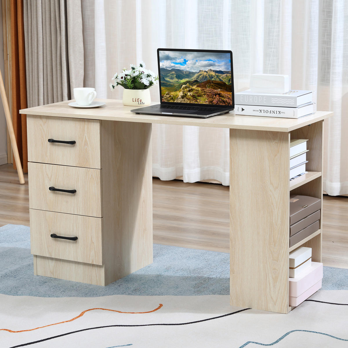 SCHREIBTISCH DE-14868 mit 3 Schubladen & 3 Regalböden Holzoptik - Naturfarben, Holzwerkstoff (120/49/72cm) - ComfortXL