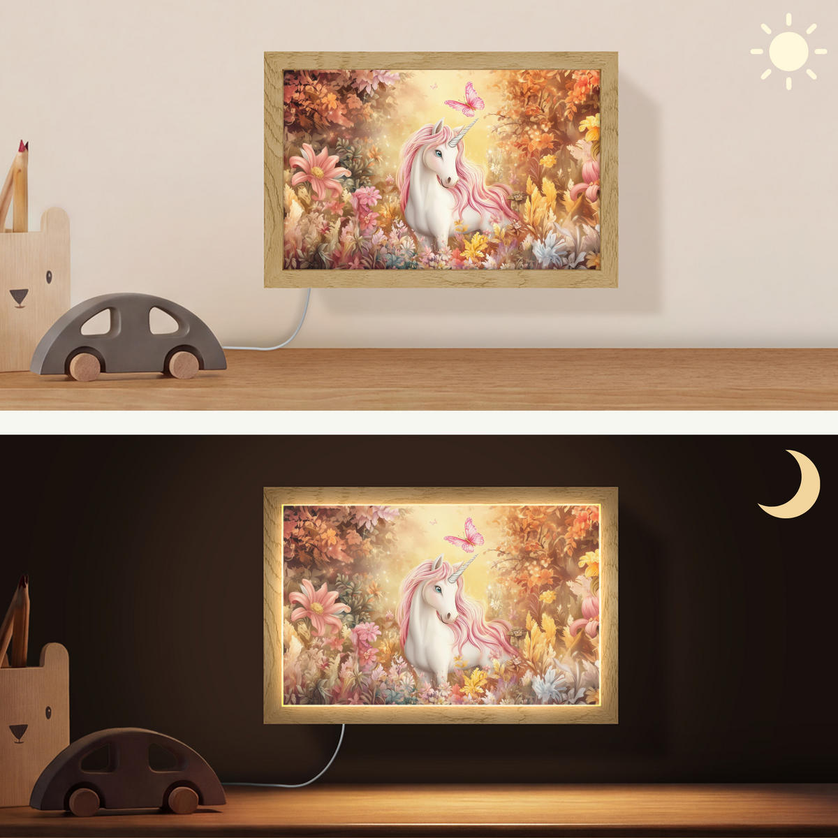 NÁSTĚNNÁ LAMPA Jednorožec - Květiny - Motýl - Růžová 30x20 cm - béžová, kompozitní dřevo (30/20/8cm) - OnlyWow