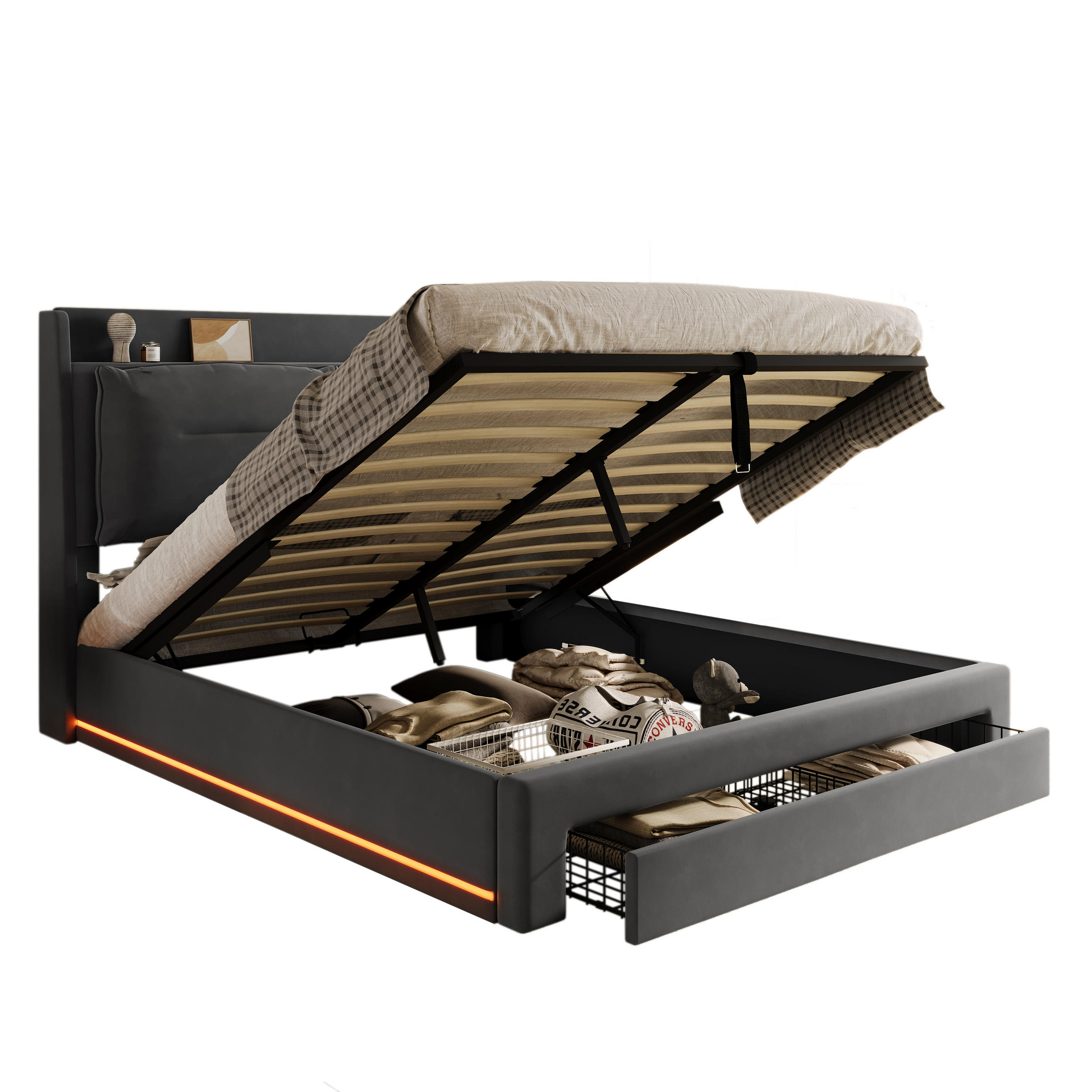 POLSTERBETT 140/190 cm Dunkelgrau mit hydraulischem Bettkasten und LED-Beleuchtung - Dunkelgrau, Textil (140/190cm) - OKWISH