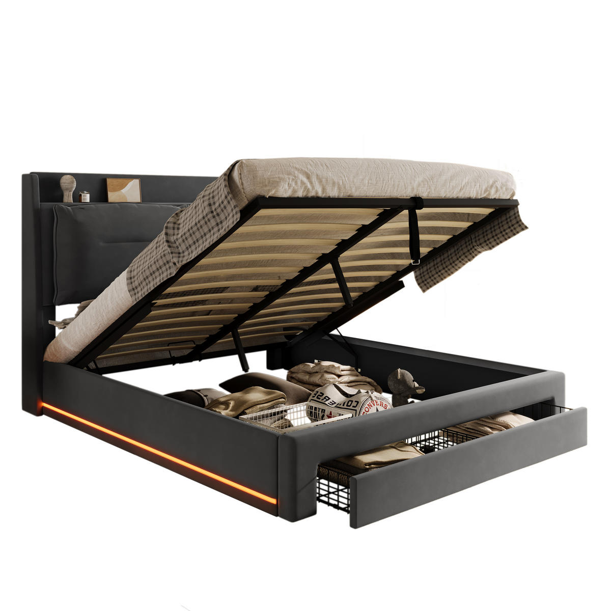 POLSTERBETT 140/190 cm Dunkelgrau mit hydraulischem Bettkasten und LED-Beleuchtung - Dunkelgrau, Textil (140/190cm) - OKWISH