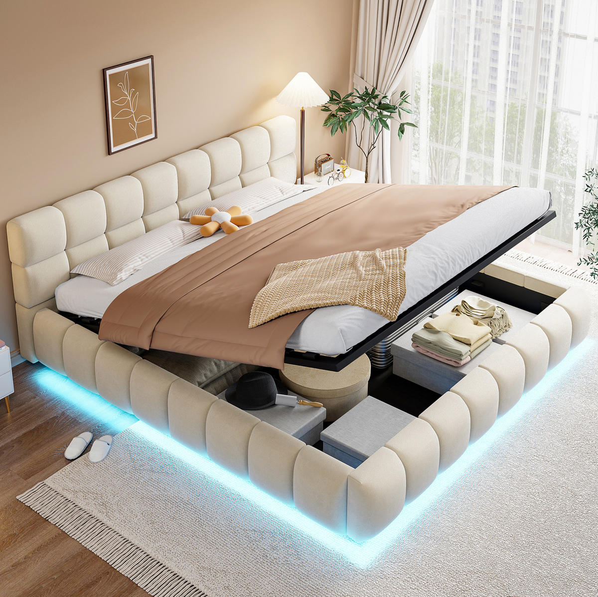 POLSTERBETT 180/200 cm aus Samtstoff mit LED-Beleuchtung und hydraulischem Stauraum Beige - Beige, Textil (180/200cm) - Modenvie