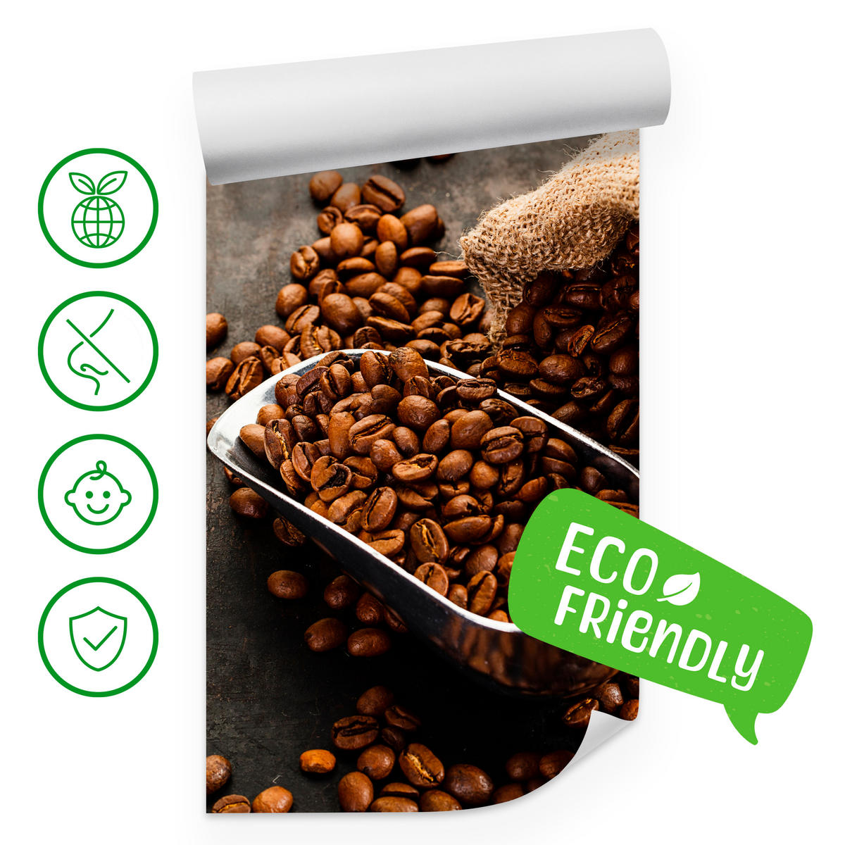 FOTOTAPETE für Küche Beutel mit Kaffeebohnen auf Beton 400x280 - Beige/Schwarz, Papier (400/280cm) - Muralo