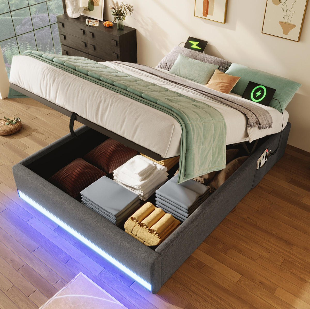 TAPECIRANI krevet 90/200 cm s LED osvjetljenjem, USB i Type-C priključkom te hidrauličnim spremištem, Siva - siva, tekstil (90/200cm) - Redom
