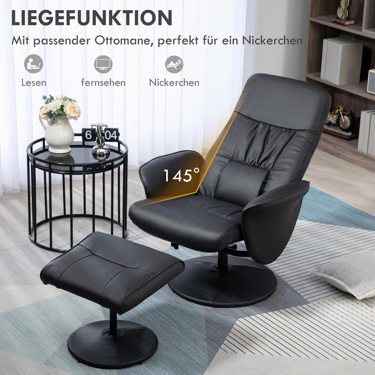 RELAXSESSEL 76/81/101 cm manuell verstellbar mit Hocker und Drehfunktion - Schwarz, Metall (81/101/76cm) - BEAOK