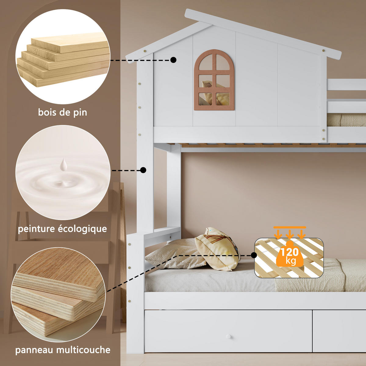 ETAGENBETT 90x200/120x200 cm Rutsche Schubladen - Weiß, Holz (90/200cm) - LEBENLANG