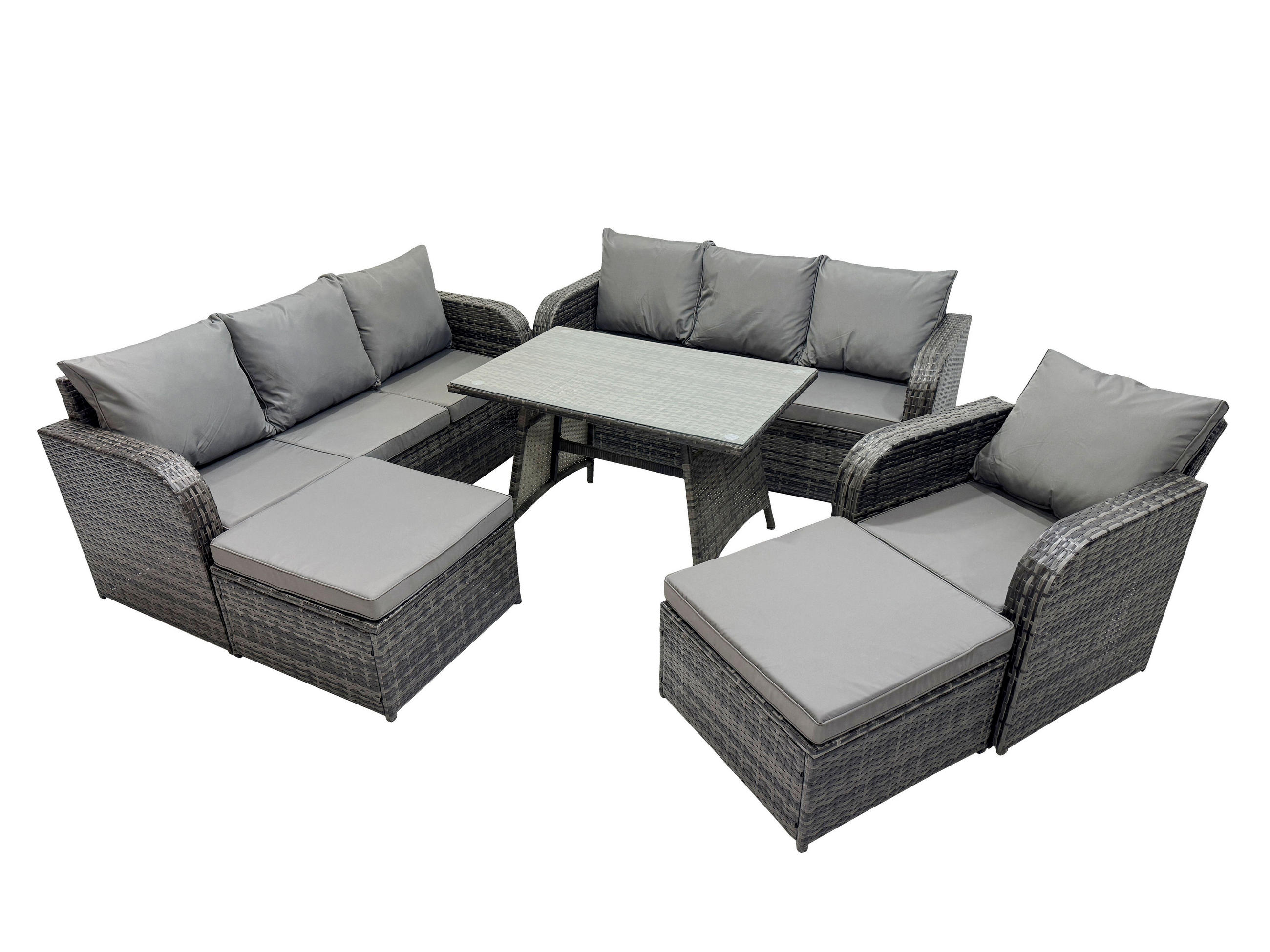 GARTENMÖBELSET mit ESSTISCH,SOFA Polyrattan 10-Sitzer - Dunkelgrau/Grau, Glas/Kunststoff - Fimous