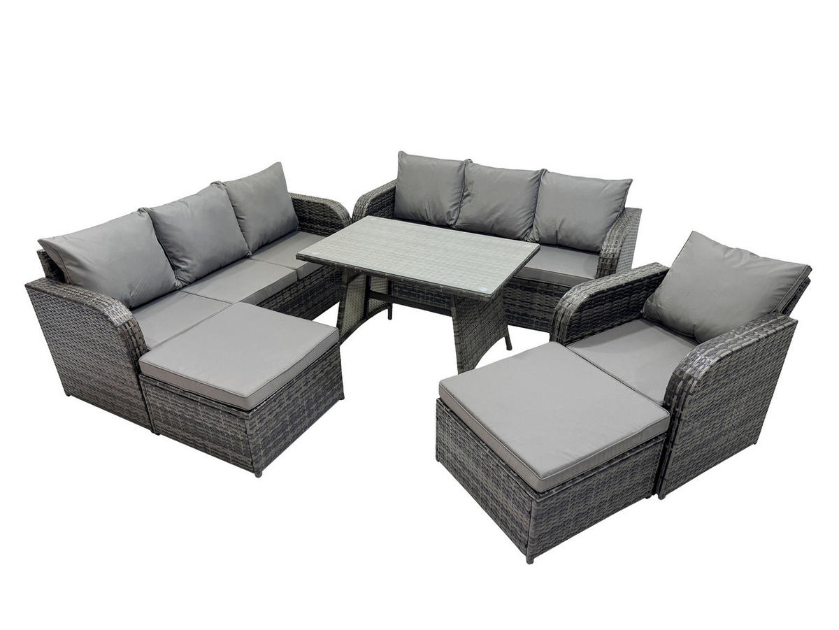 GARTENMÖBELSET mit ESSTISCH,SOFA Polyrattan 10-Sitzer - Dunkelgrau/Grau, Glas/Kunststoff - Fimous