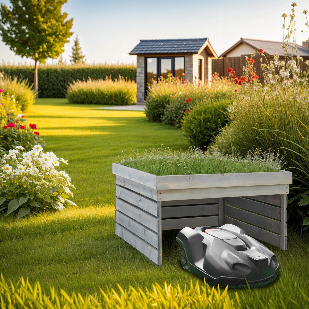 RASENMÄHER-ROBOTER-GARAGE Hortus, 84 x 78 x 46 cm, grau - Grau, Holz (84/46/78cm) - tectake