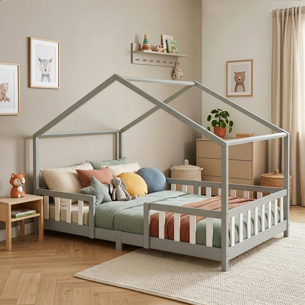 HAUSBETT Treviolo mit Matratze - Hellgrau/Weiß, Holz/Textil (140/200cm) - [en.casa]