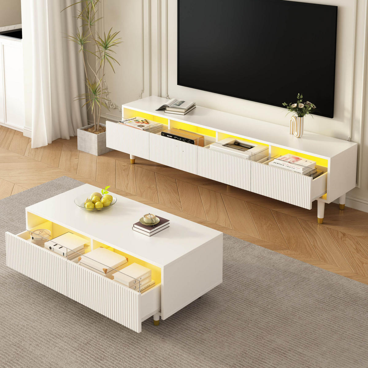LOWBOARD 178/35/45 cm und 110/50/40 cm Weiß aus MDF mit LED-Beleuchtung - Weiß, Holzwerkstoff (35/45/178cm) - OKMYHOME