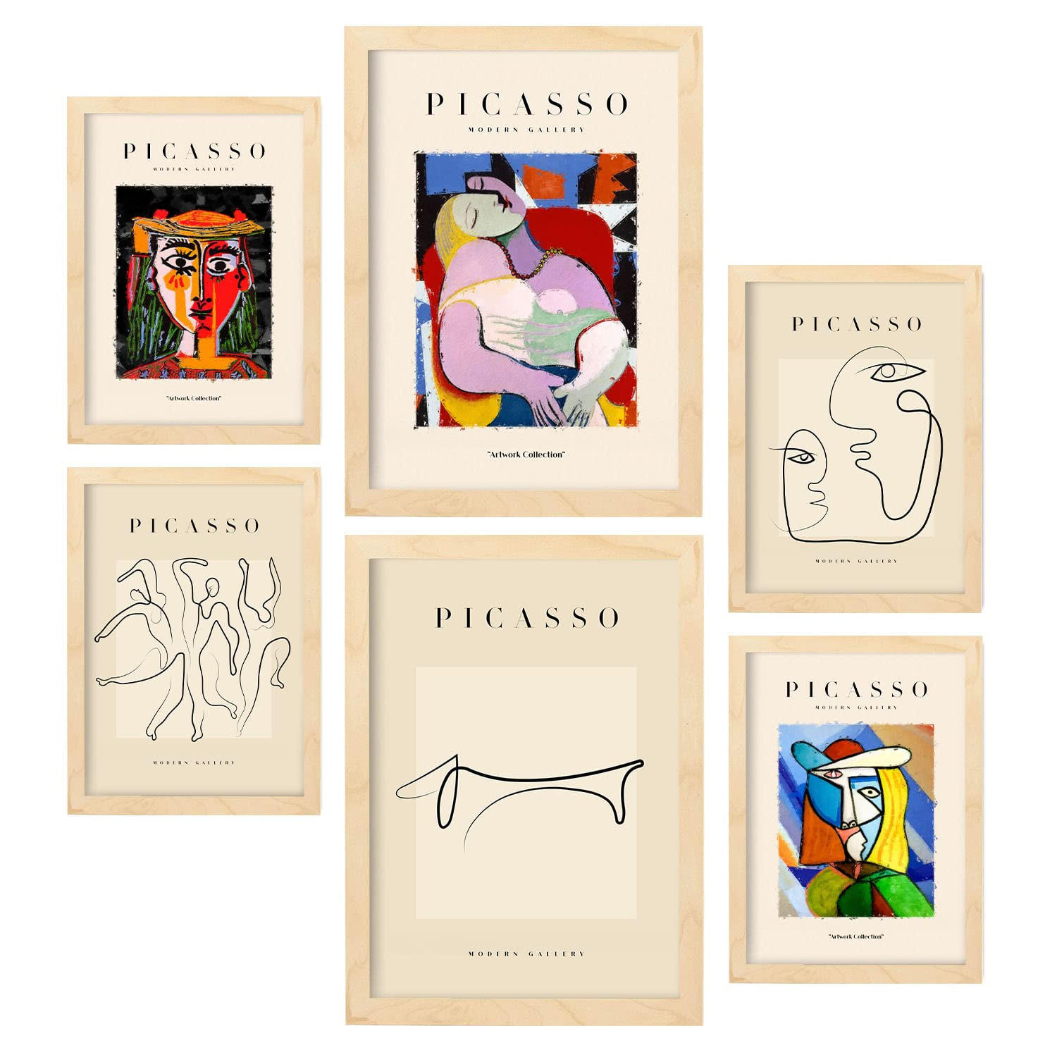 POSTER Set Mit 6 In Schwarzer Tinte Frauen Drucke Des Fauvismus Und Surrealismus Für Innenarchitektur A3 & A4 Rahmen Aus Hellem Holz - Beige, Papier (29/3cm) - Nacnic
