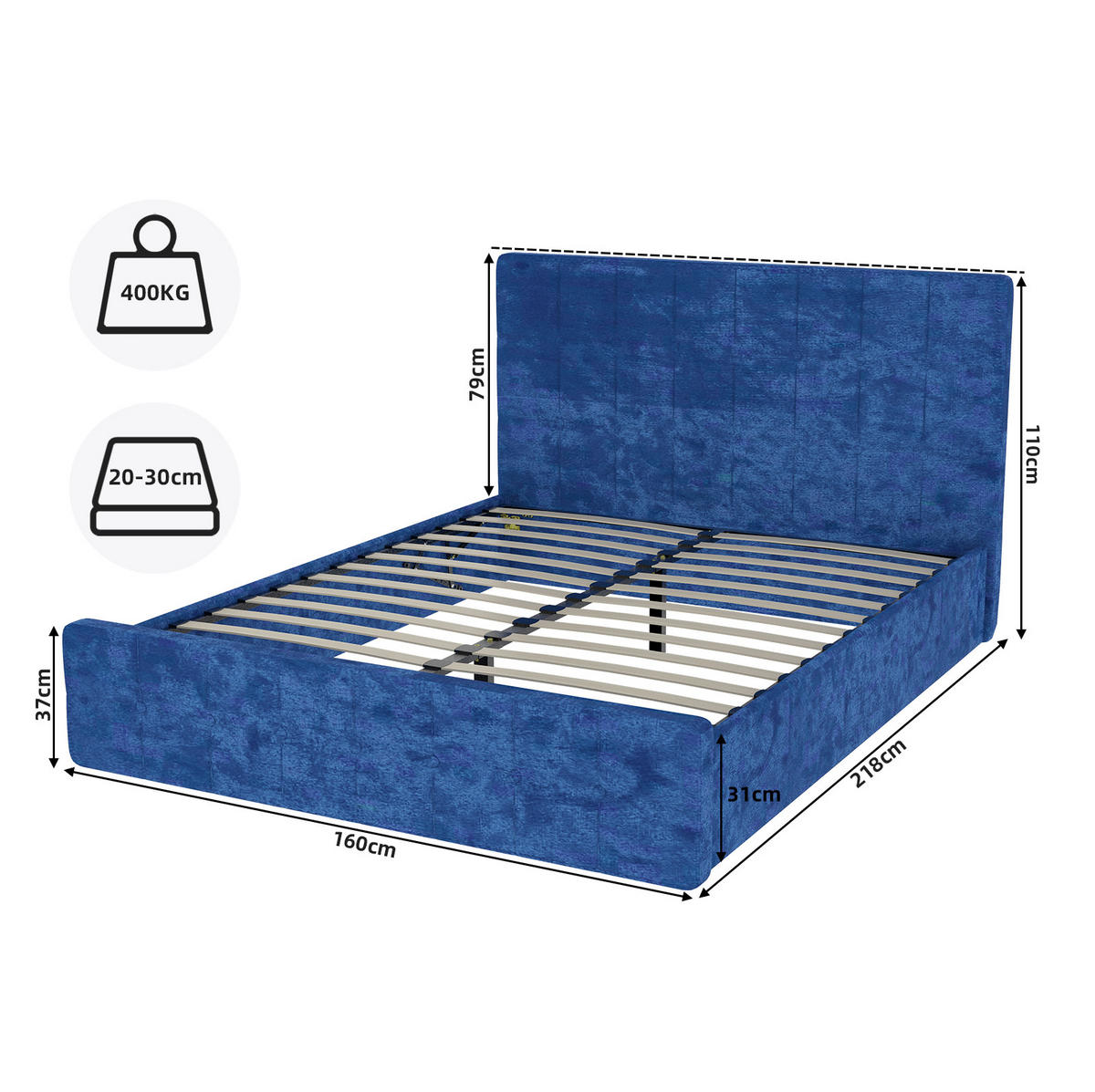 POLSTERBETT 160/200 cm mit gepolstertem Kopfteil und Flanellbezug in Samtoptik, Blau - Blau, Textil (160/200cm) - Redom