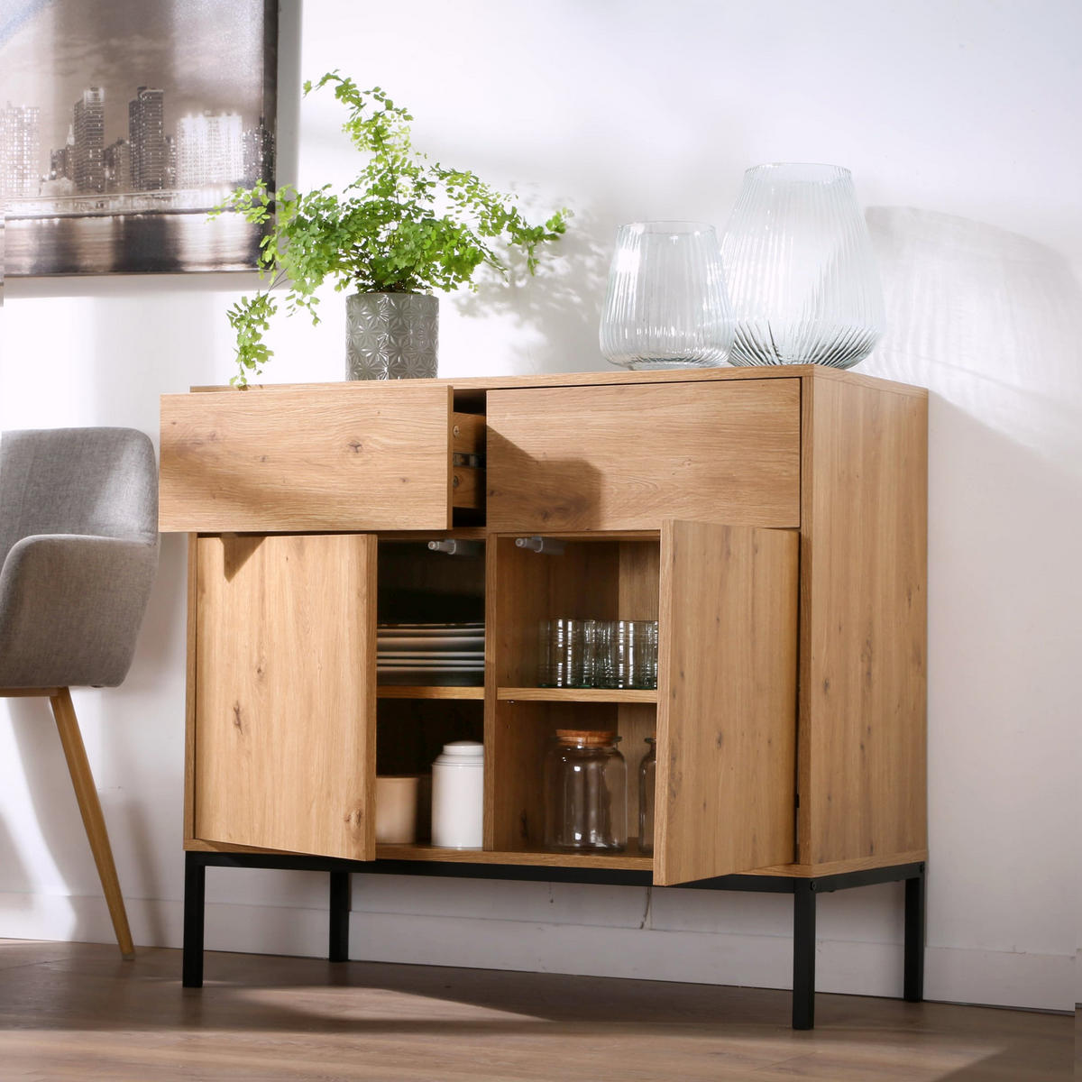 KOMMODE 2 Türen2 SchubladenEichendekor 40/80/90 cm - Eichefarben, Holzwerkstoff (90/80/12.5cm) - Calicosy