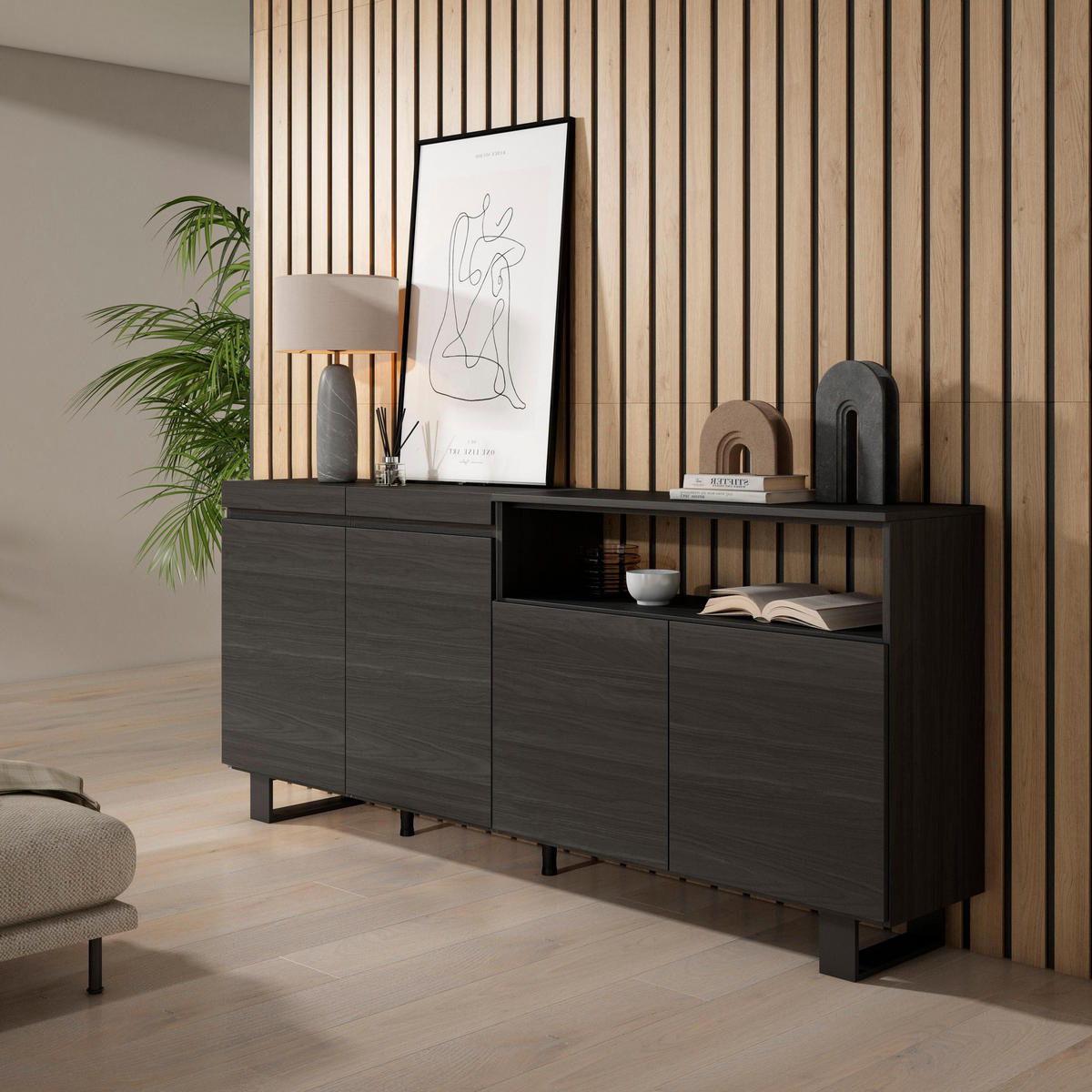 SIDEBOARD schwarz, 200/35/87cm - Schwarz, Holzwerkstoff (200/87/35cm) - Skraut Home