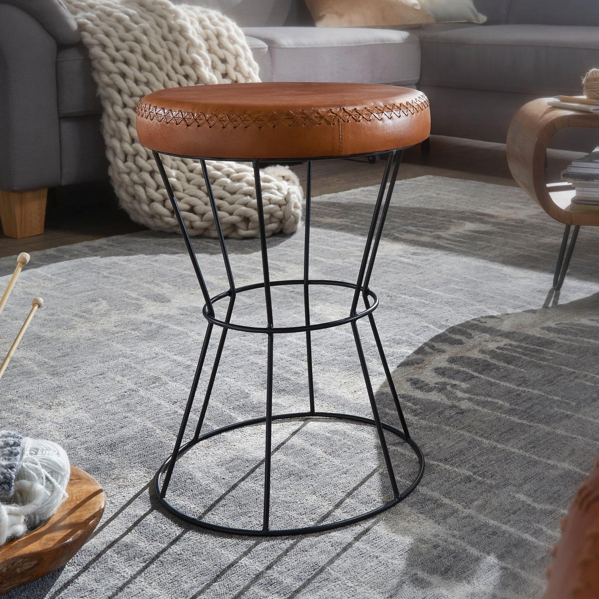 SITZHOCKER – Echtleder, Industrial-Stil - Schwarz/Braun, Leder/Metall (35/48/35cm) - KADIMA DESIGN