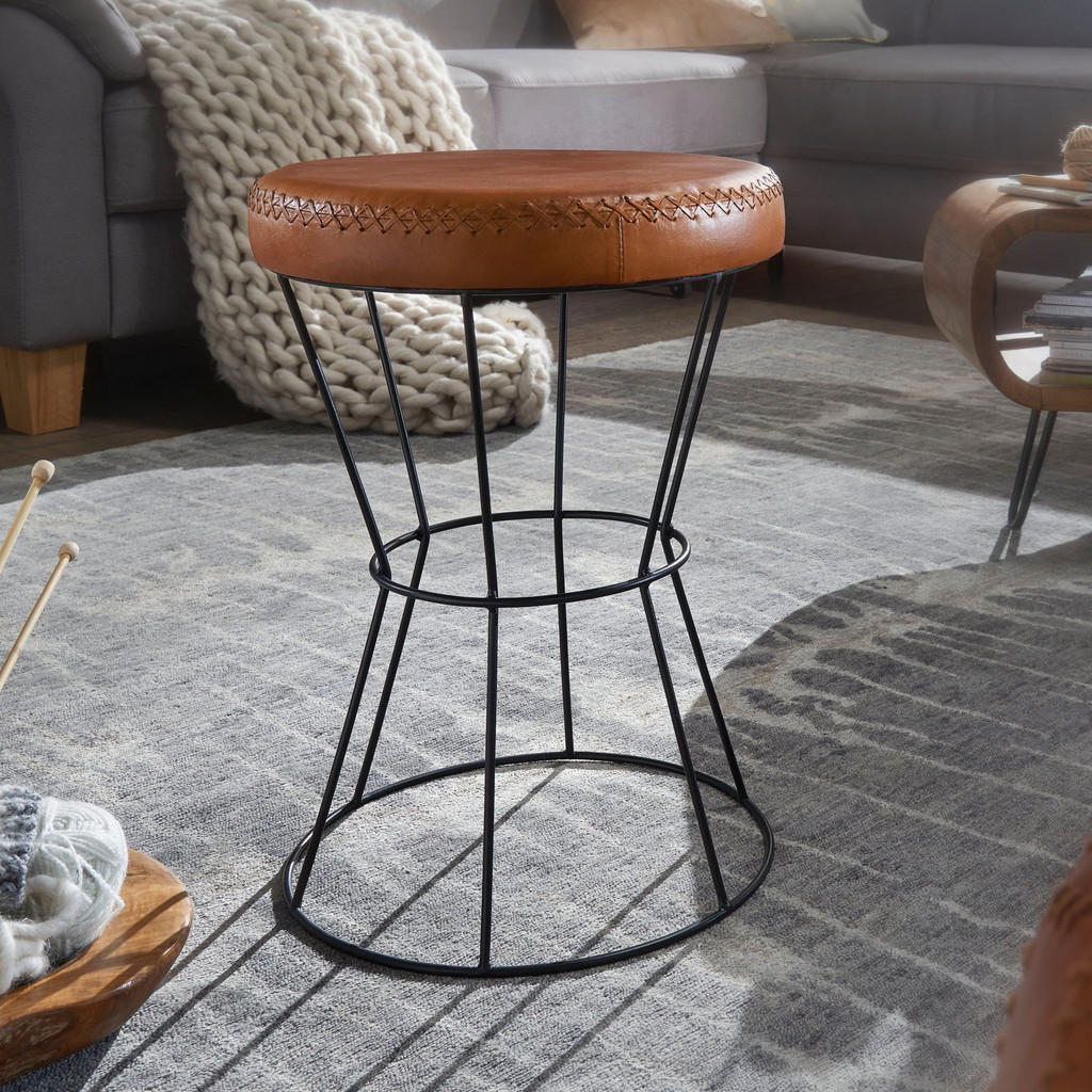 Thumbnail - Kadima Design Sitzhocker, Braun, Leder, Rund, Gittergestell, 35x48x35 cm, Wohnzimmer, Hocker, Sitzhocker