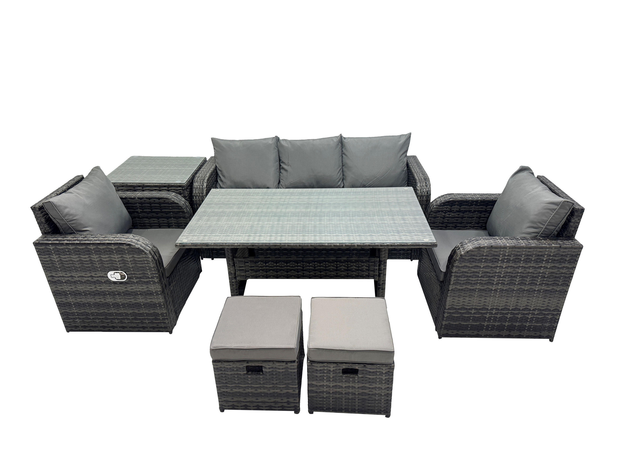 GARTENSET mit 3-Sitzer-Sofa,Beistelltischen,Esstisch Polyrattan 7-Sitzer - Dunkelgrau/Grau, Glas/Kunststoff - Fimous