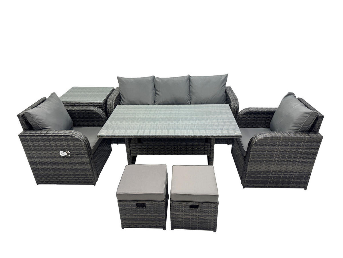 GARTENSET mit 3-Sitzer-Sofa,Beistelltischen,Esstisch Polyrattan 7-Sitzer - Dunkelgrau/Grau, Glas/Kunststoff - Fimous
