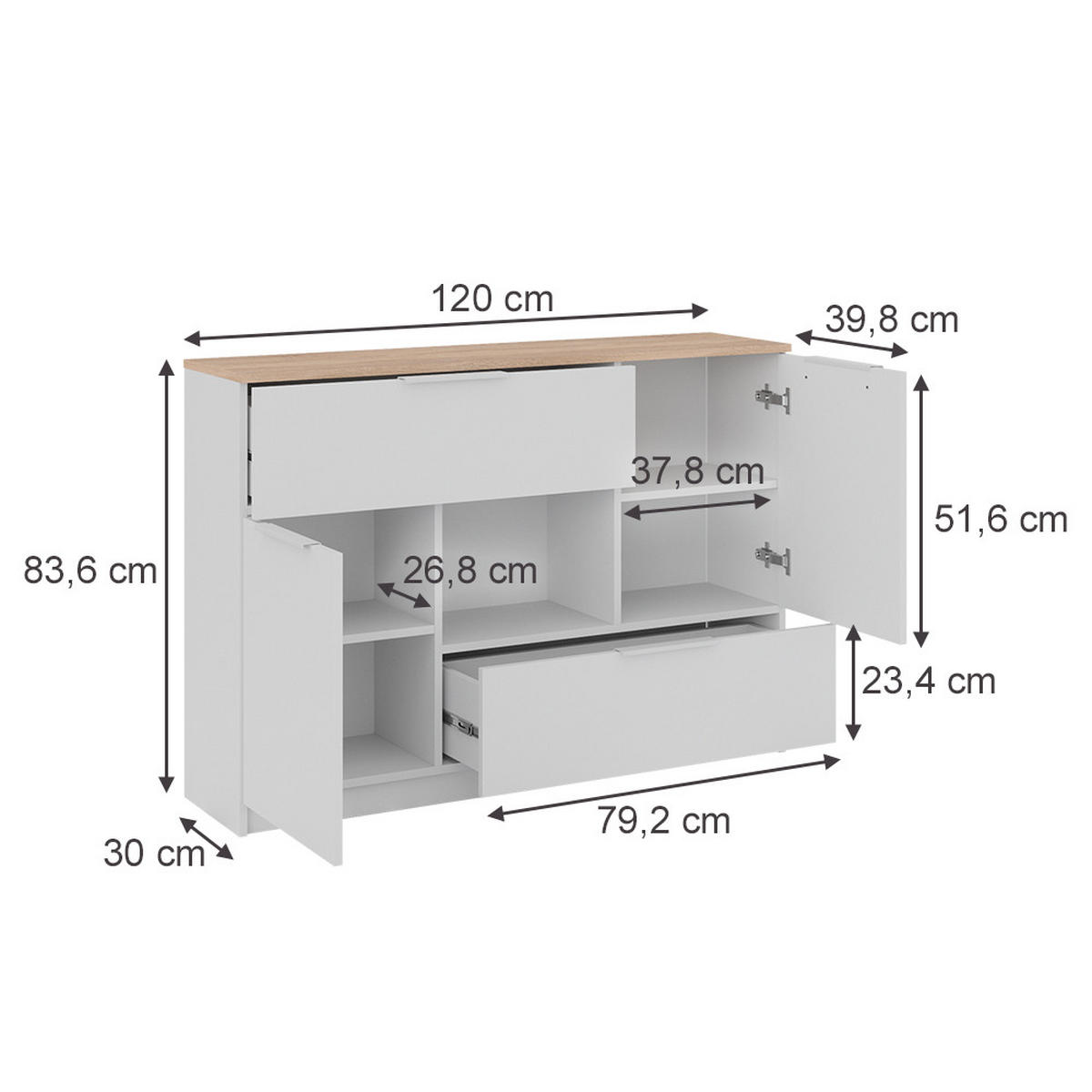 KOMMODE Betti Weiß/Sonoma 120 x 83.6 cm 2x Tür 2x Schublade und 1x offenes Fache - Weiß/Sonoma Eiche, Holzwerkstoff (120/83.6/30cm) - Vicco