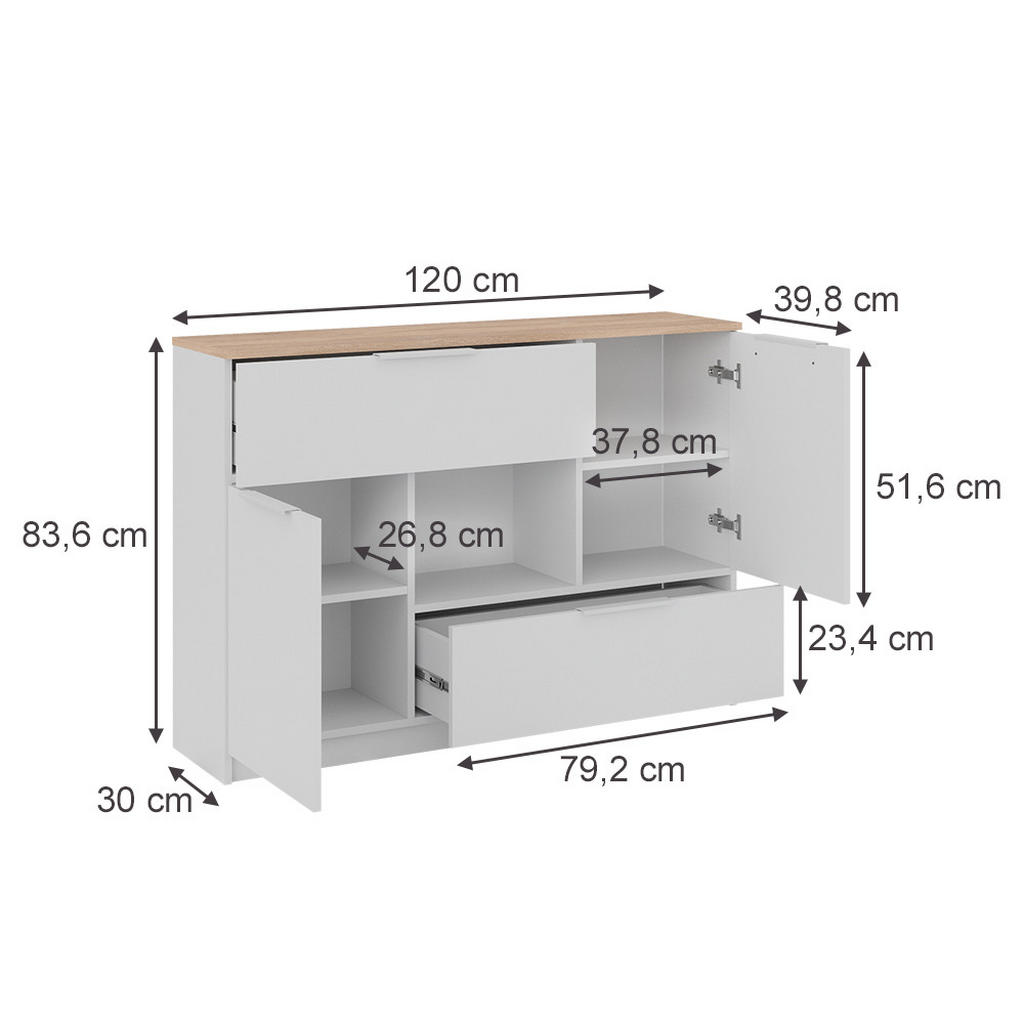 Thumbnail - Vicco Kommode, Weiß, Sonoma Eiche, Holzwerkstoff, 7 Fächer, 2 Schubladen, Rechteckig, 120x83.6x30 cm, Wohnzimmer, Kommod...