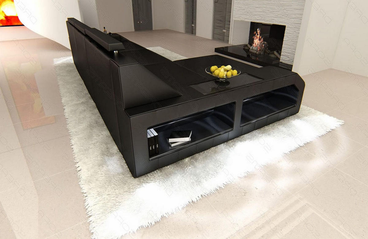 COUCH Arezzo L Schwarz Ledermix - Schwarz, Textil (308/194cm)
