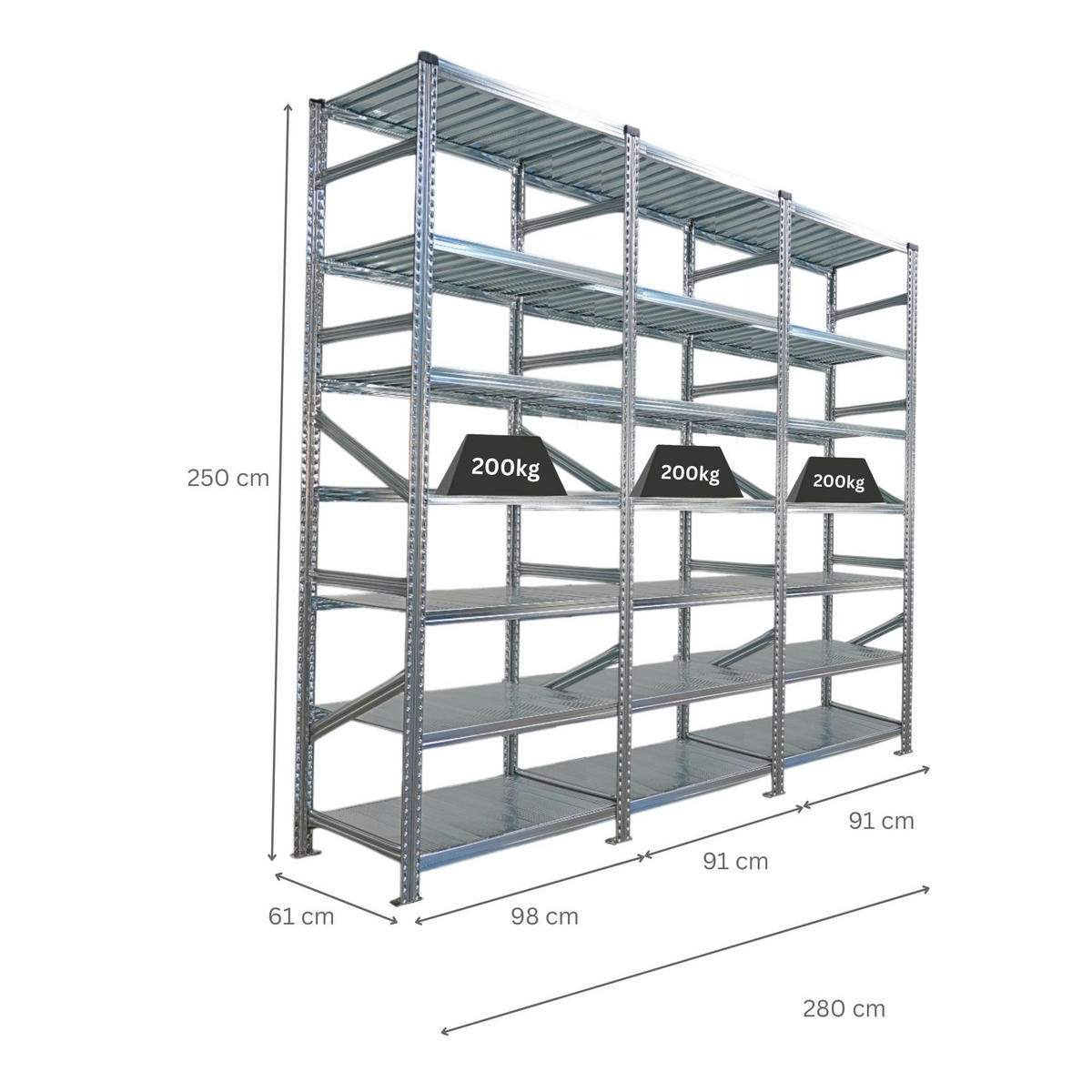 FACHBODENREGAL Proximo Stecksystem 250x270x60cm 7 Ebenen Beidseitig nutzbar Verzinkt - Silberfarben, Metall (270/250/60cm) - PROREGAL