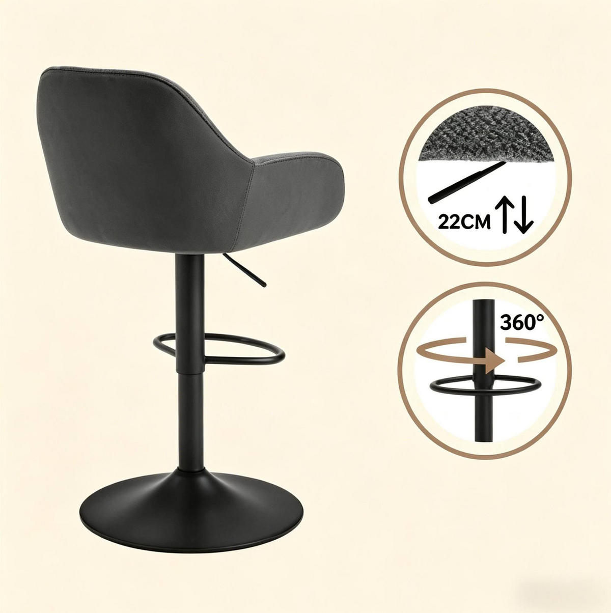 BARHOCKER 2er-Set höhenverstellbar 63-84 cm Chenille Dark Gray - Dunkelgrau, Metall (52/109/50cm) - Meubliv