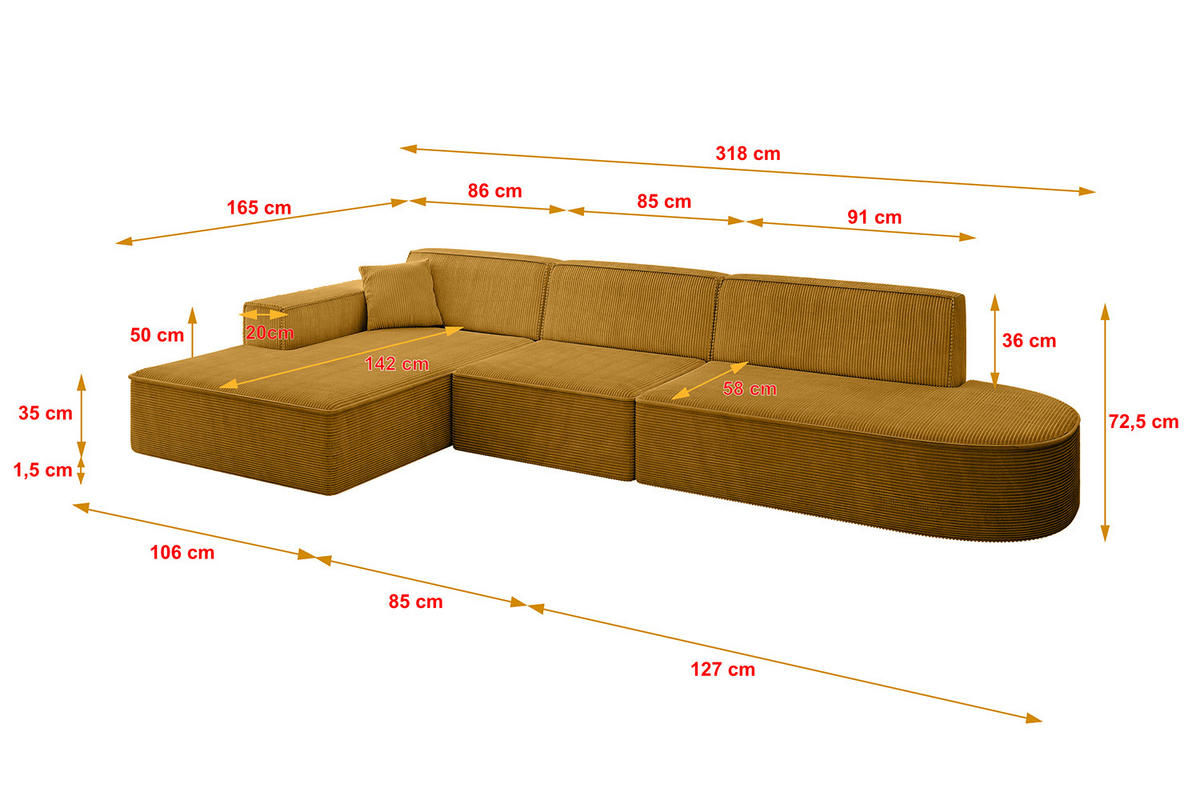 ECKSOFA Ottomane Links IREA-L2-v4 - 318x165x72,5 cm Senfgelb - Currygelb/Gelb, Holzwerkstoff/Textil (318/165cm) - ALTDECOR