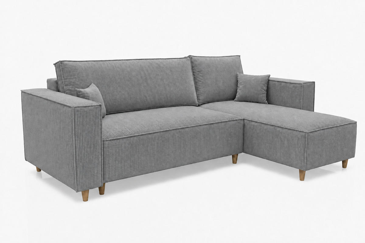 ECKSOFA mit Schlaffunktion und Bettkasten Rio, Ecksofa Cordstoff Hellgrau, Ottomane Universal, 249x142 cm - Hellgrau, Textil (249/142cm) - Marpur