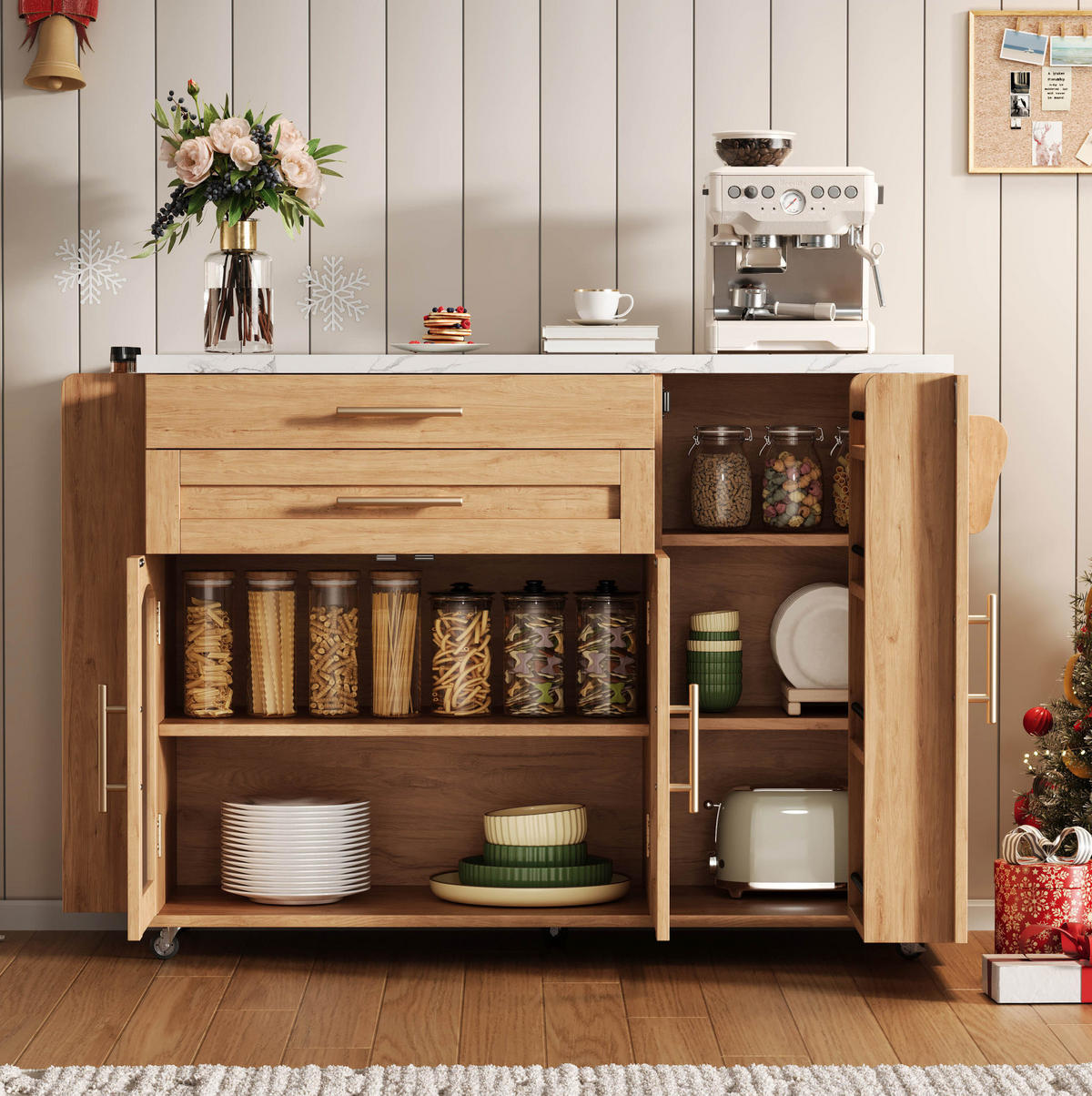 KÜCHENINSEL mit Klappplatte auf Rollen 138 x 70 x 90 cm Natural - Naturfarben, Holz (70/90/138cm) - Beauniv