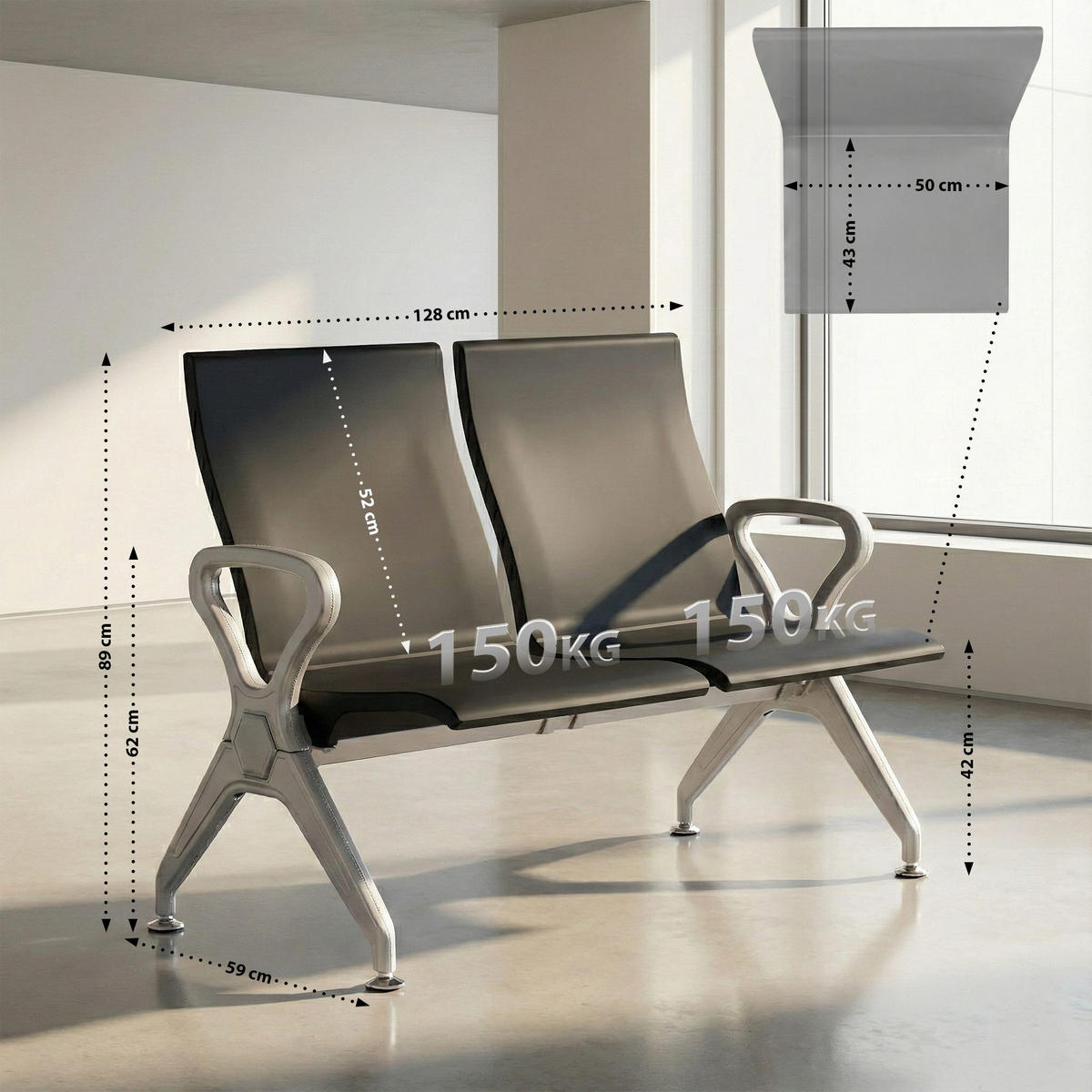 WARTEBANK Kunststoff Schwarz - Schwarz/Grau, Kunststoff/Metall (118/89/59cm) - CLP