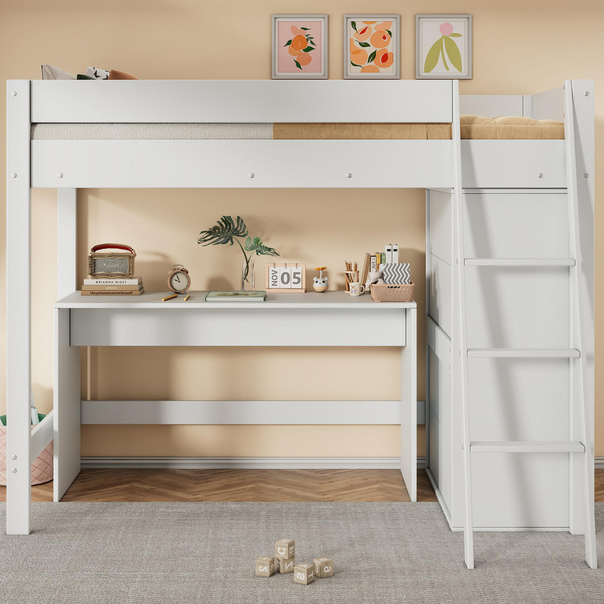 HOCHBETT 90/200 cm aus Massivholz mit Schreibtisch und mobilem Kleiderschrank Weiß - Weiß, Holzwerkstoff (90/200cm) - Modenvie