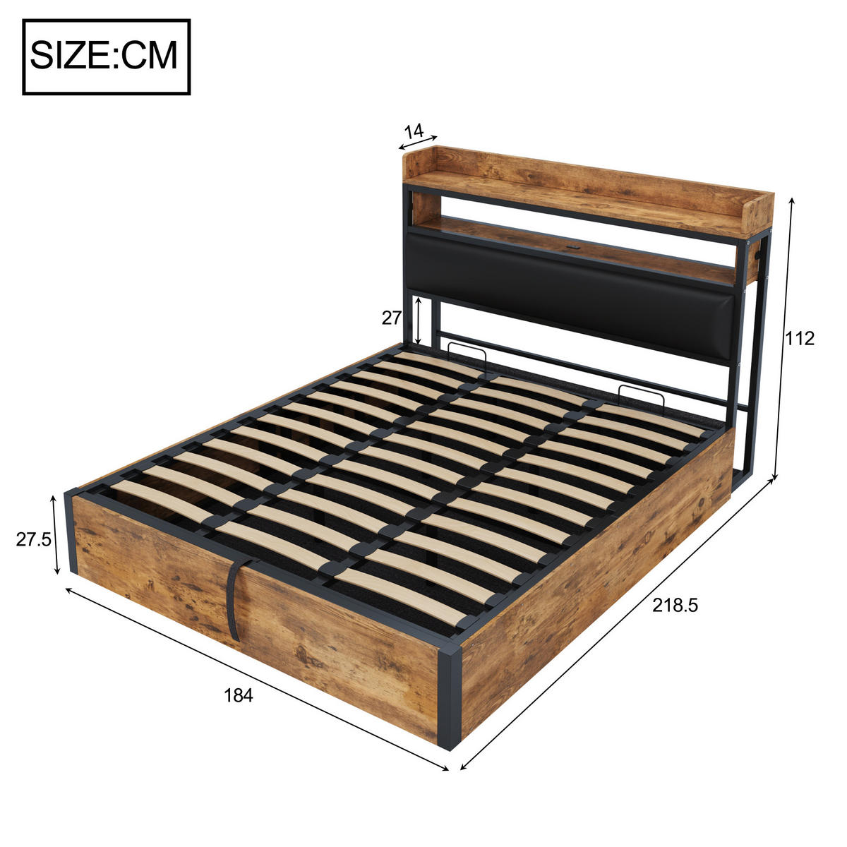 POLSTERBETT aus Metall, Holz und Stoff 180x200 cm Schwarz mit USB-Anschlüssen, hydraulischem Bettkasten und Kopfteilablage - Schwarz, Metall (180/200cm) - Modfu