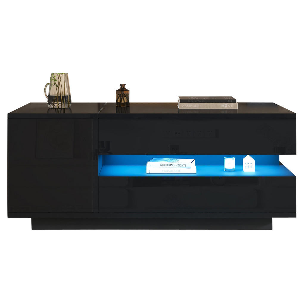 Redom KONFERENČNÍ stolek 95/50/40 cm s výsuvnou deskou, LED osvětlením a úložným prostorem, Černá