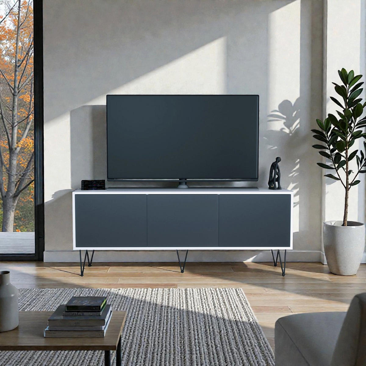 TV-BOARD Elisa, Lowboard mit Push-to-Open, Made in Germany, Moderner Fernsehschrank, Weiß matt/Anthrazit matt (152,5 x 60,5 x 37 cm) - Anthrazit, Holzwerkstoff (152.5/60.5/37cm) - InnoFurn