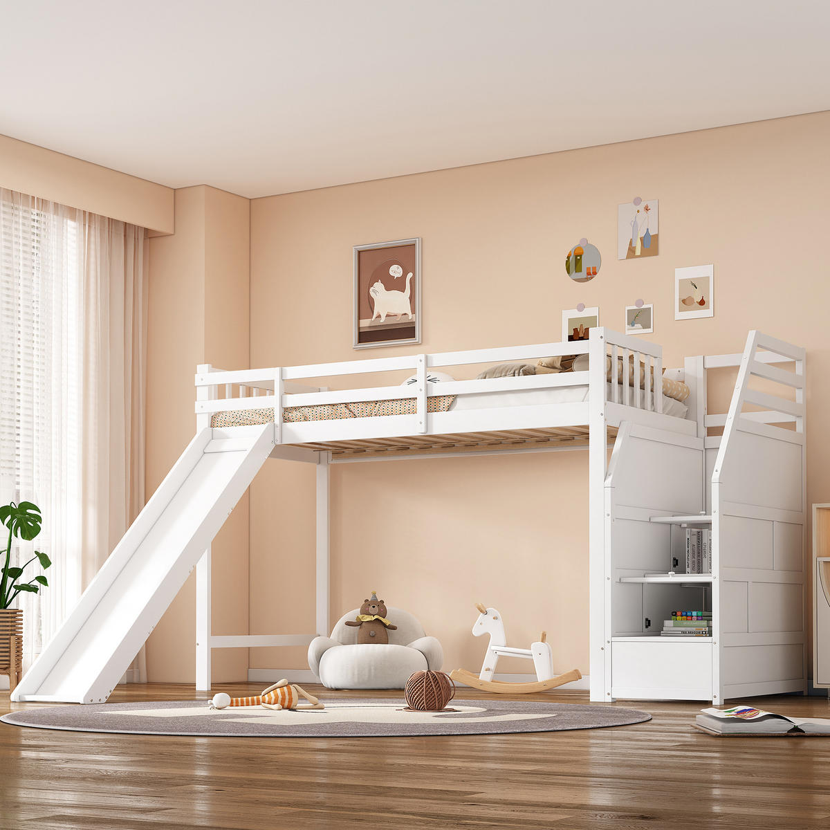 HOCHBETT 90x200cm Weiß mit Rutsche EN747 Ablageleiter optional - Weiß, Holz (90/200cm) - FLIEKS