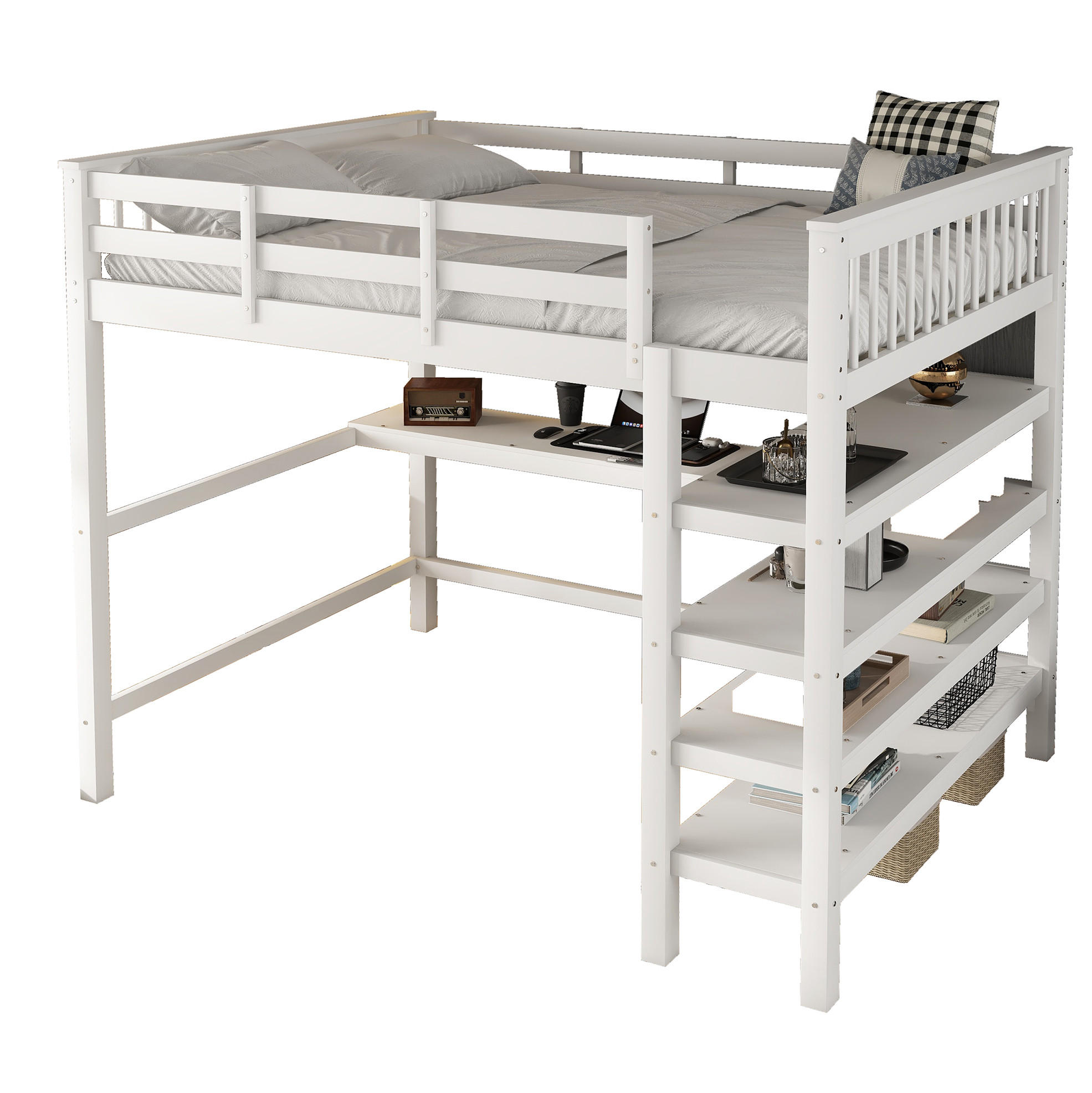 HOCHBETT 140/200 cm mit Schreibtisch, Ablagefächern und Leiterregal aus Kiefer /MDF, Weiß - Weiß, Holzwerkstoff (140/200cm) - Redom