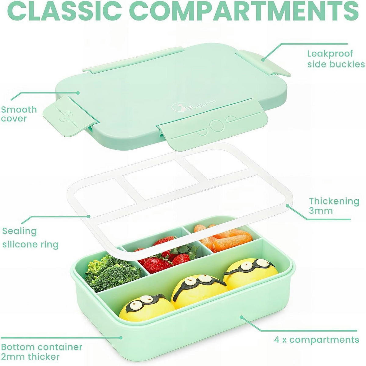 LUNCHBOX 2er Set 4 Abteilungen 1300 ML Rosa Grün - Multicolor, Kunststoff (15/5.5/22cm)