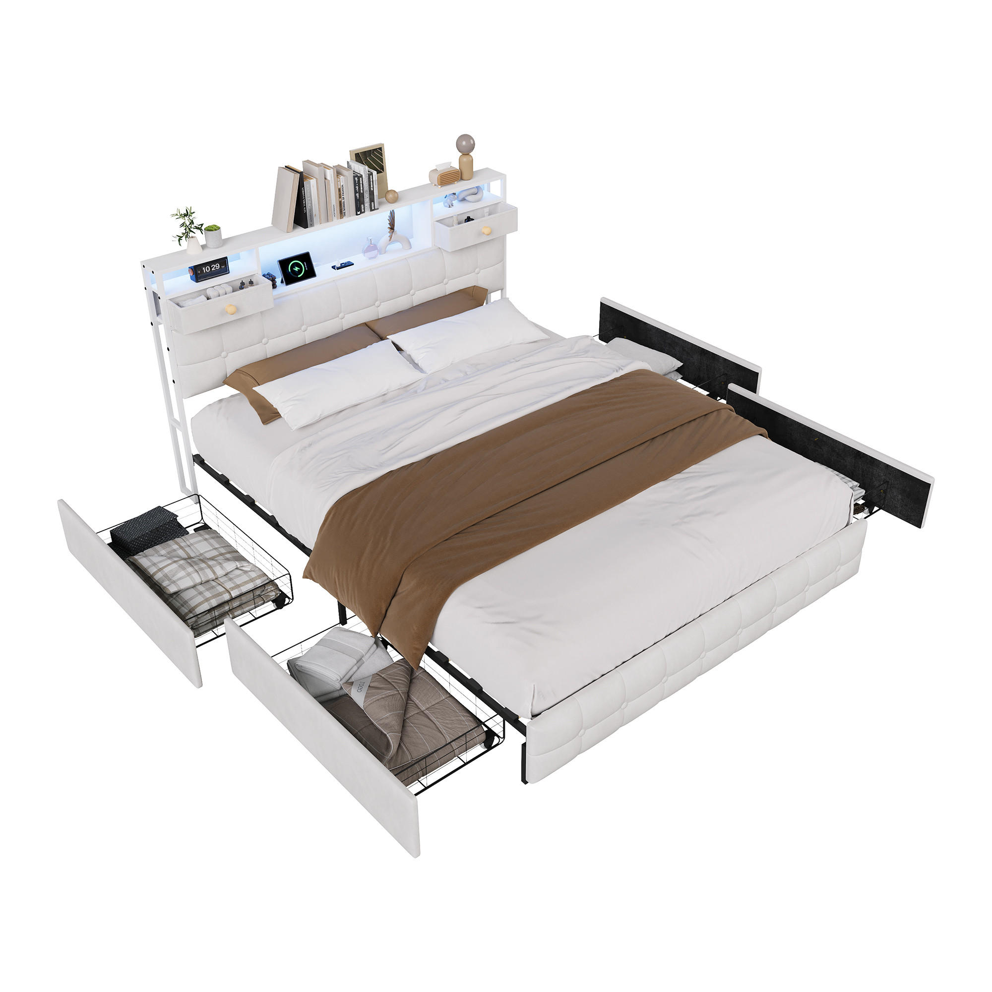 POLSTERBETT 160x200 cm mit 4 Schubladen, LED und USB-/Typ-C-Anschlüsse, Samt in Beige - Beige, Holz (160/200cm) - BRILVERDE
