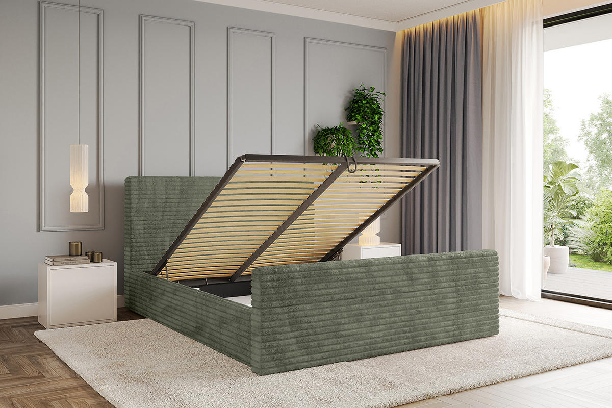 POLSTERBETT mit Bettkasten, Fußteil und Lattenrost, Boxbett ohne Matratze - ALOVA-Z - Olivgrün, Holzwerkstoff/Textil (140/200cm) - ALTDECOR