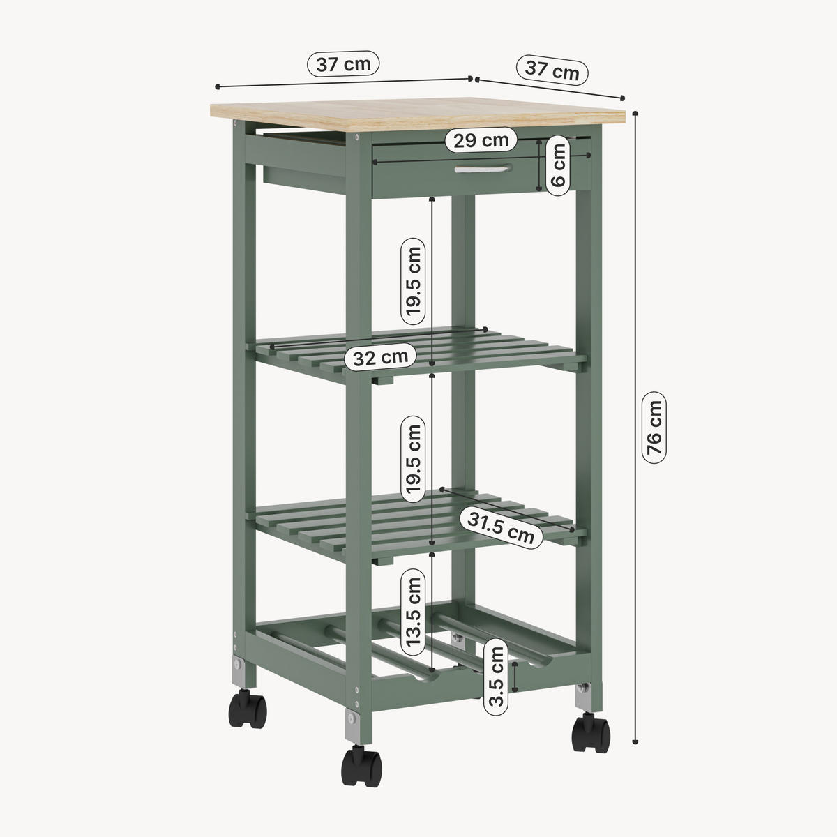 SERVIERWAGEN Biel - Grün, Holzwerkstoff (37/76/37cm) - [en.casa]