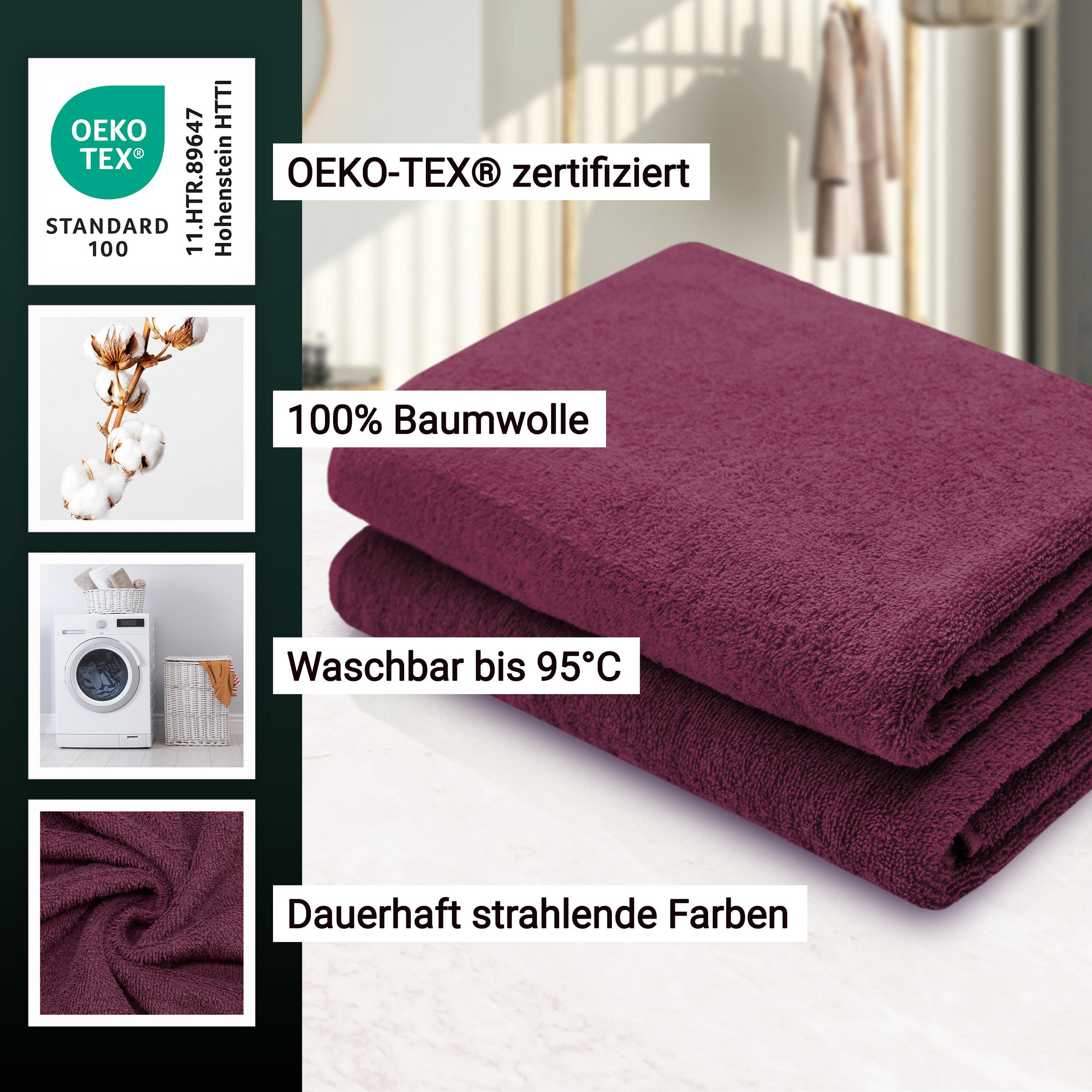 DUSCHTÜCHER, 2er-Set, 70x140 cm, 100% Baumwolle, Rot - Brombeere, Textil (70/140cm) - Zollner