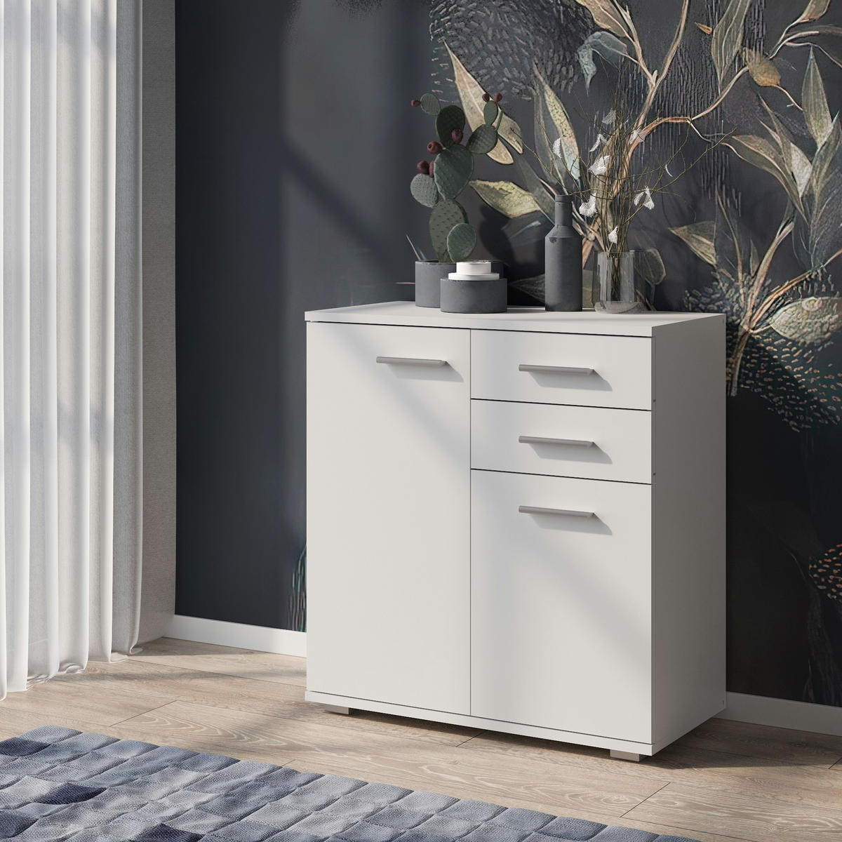 SIDEBOARD FAUSKE KOM2-2D2S Schubladen Weiß - Silberfarben/Weiß, Holzwerkstoff/Kunststoff (69/74/34cm) - Komodee